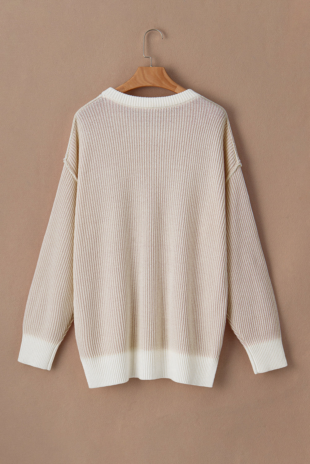 Brown Stripe Plus Size Contrast Trim Crew Neck Rib Knit Drop Shoulder Sweater Plus Size Sweaters & Cardigans JT's Designer Fashion
