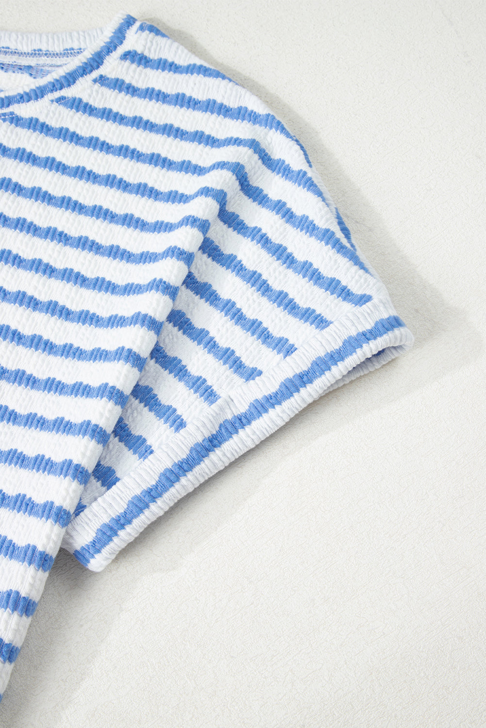 Sky Blue Stripe Knitted Short Sleeve Top and Drawstring Shorts Set Short Sets JT's Designer Fashion