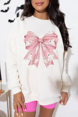 Beige Ghost Bowknot Graphic Crew Neck Drop Shoulder Sweatshirt Beige 50%Polyester+50%Cotton Graphic Sweatshirts JT's Designer Fashion