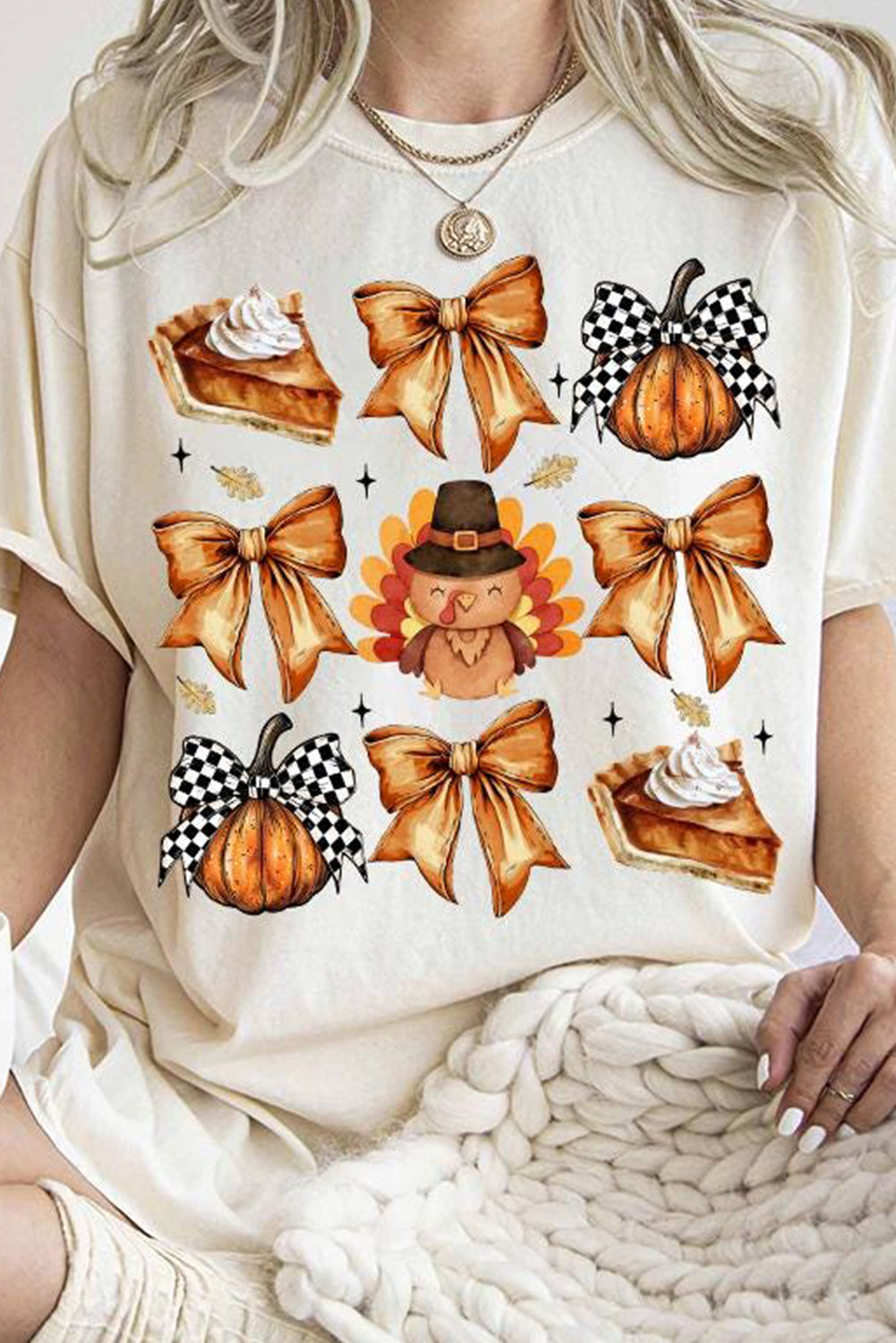 White Cute Bowknot Thanksgiving Graphic Crewneck T Shirt Graphic Tees JT's Designer Fashion