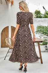 Brown Mesh Leopard Floral Reversible V Neck Short Sleeve Dress Dresses JT's Designer Fashion