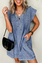 Beau Blue Tie V Neck Tucking Detail Short Sleeve Denim Shift Dress Mini Dresses JT's Designer Fashion