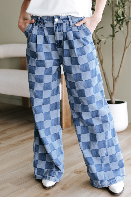 Dusk Blue Checkered Denim Wide Leg Jeans Dusk Blue 50%Polyester+50%Cotton Jeans JT's Designer Fashion