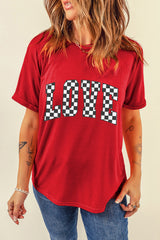 Red Checkered LOVE Letter Graphic Valentines T Shirt Graphic Tees JT's Designer Fashion