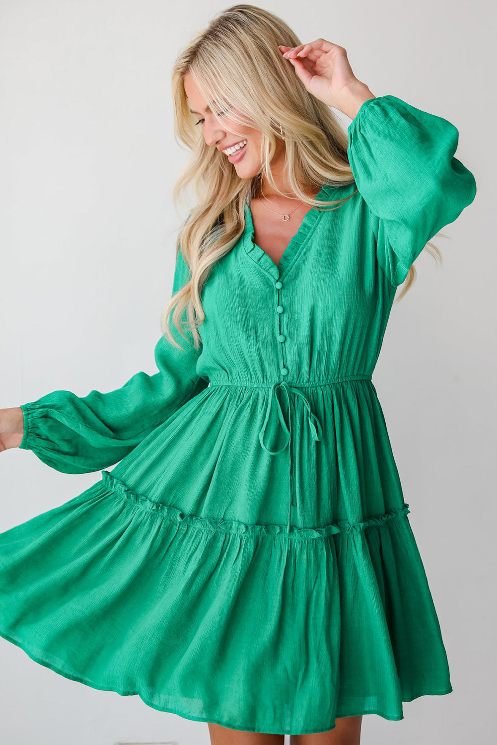 Sea Green Frilly V Neck Puff Sleeve Drawstring Shift Mini Dress Mini Dresses JT's Designer Fashion