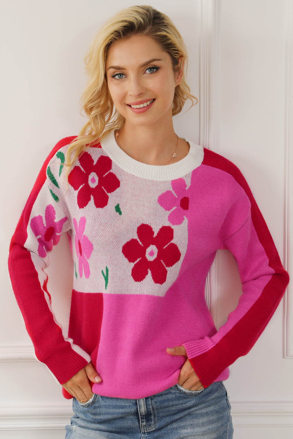 Rose Red Floral Mixed Color Block Sweater Sweaters & Cardigans JT's Designer Fashion