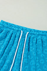 Blue Leopard Jacquard Short Sleeve Top and Wide Leg Pants Set Pant Sets JT's Designer Fashion