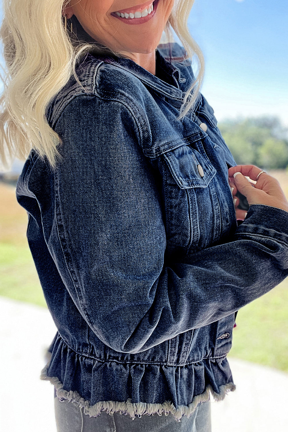 Navy Blue Ruffle Raw Hem Flap Pockets Denim Jacket Denim Jackets JT's Designer Fashion