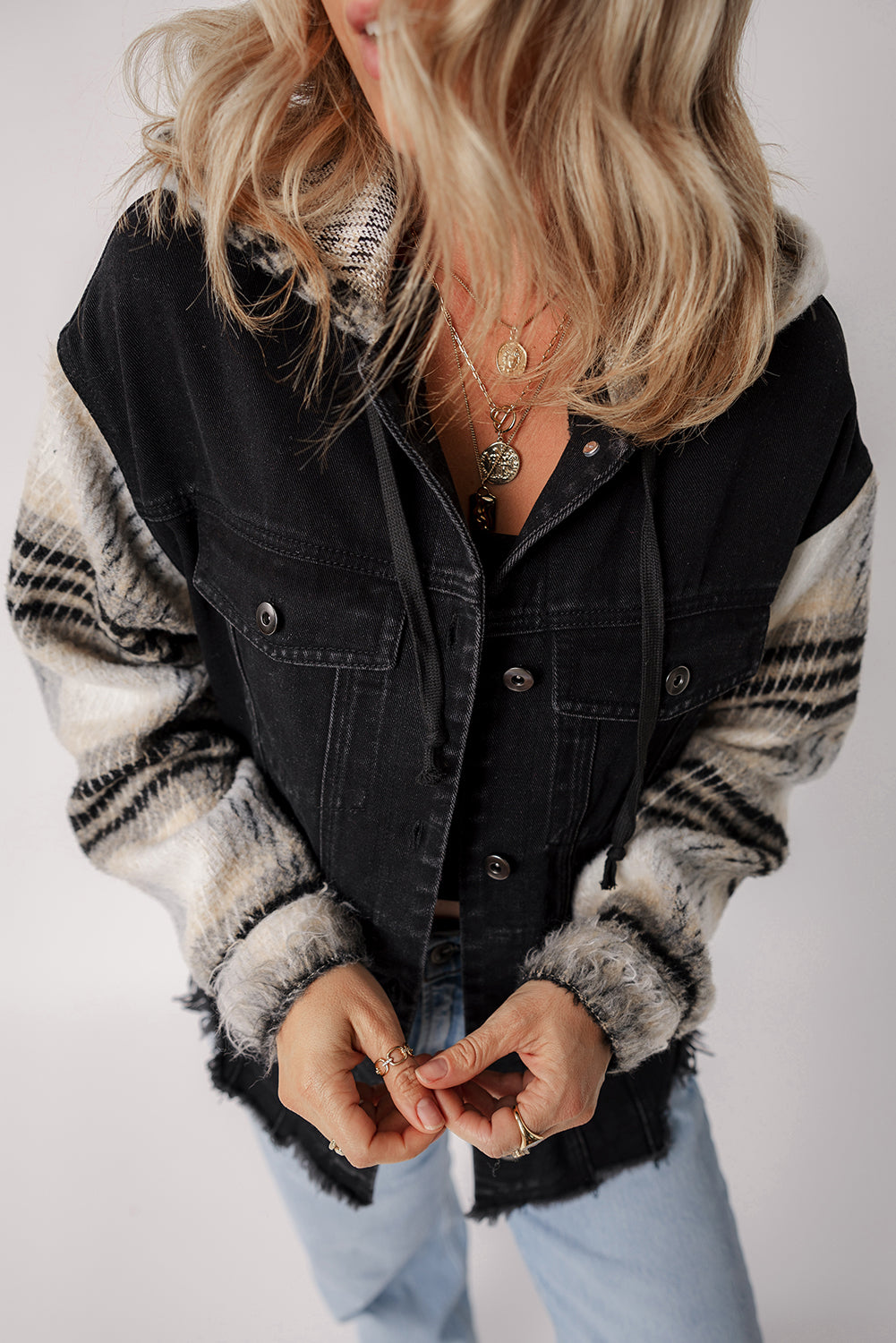 Black Plaid Sleeve Frayed Hem Hooded Denim Jacket Denim Jackets JT's Designer Fashion