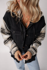 Black Plaid Sleeve Frayed Hem Hooded Denim Jacket Denim Jackets JT's Designer Fashion