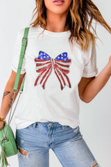 White USA Flag Bow Knot Patched Crew Neck T Shirt Graphic Tees JT's Designer Fashion