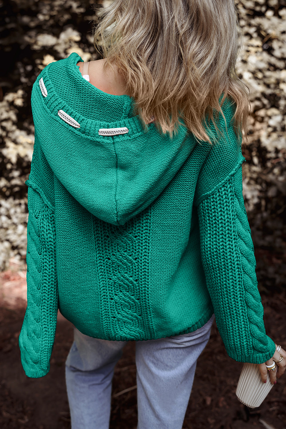 Sea Green Cable Knit V Neck Contrast Drawstring Hooded Sweater Sweaters JT's Designer Fashion