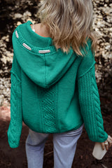 Sea Green Cable Knit V Neck Contrast Drawstring Hooded Sweater Sweaters JT's Designer Fashion