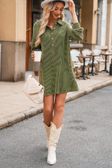 Moss Green Corded Buttons Placket Drop Shoulder Collared Shift Dress Mini Dresses JT's Designer Fashion
