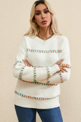 White Colorful Crossed Stitch Drop Shoulder Sweater Sweaters JT's Designer Fashion
