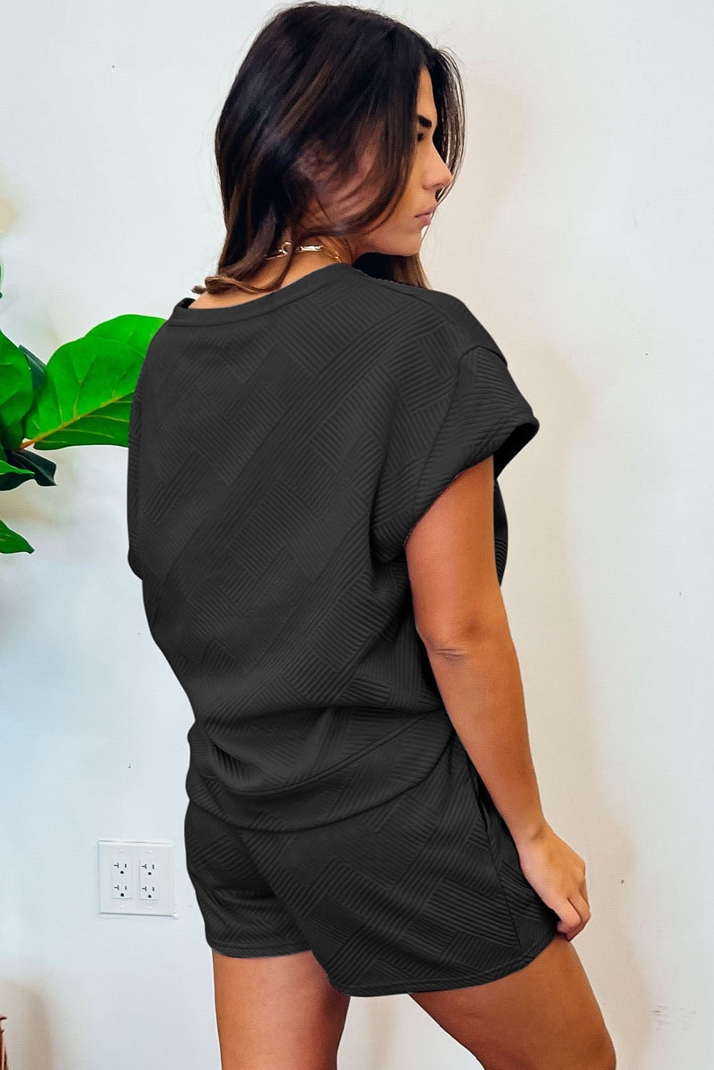 Black 2pcs Solid Textured Drawstring Shorts Set Short Sets JT's Designer Fashion