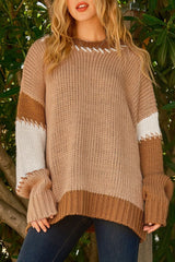 Light French Beige Color Block Contrast Stitch Oversized Sweater Sweaters & Cardigans JT's Designer Fashion