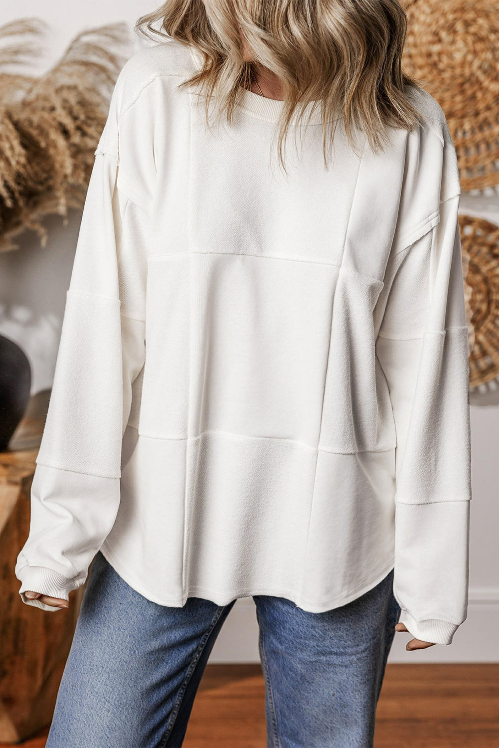White Solid Color Patchwork Drop Shoulder Baggy Sweatshirt Sweatshirts & Hoodies JT's Designer Fashion