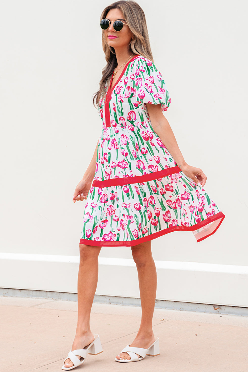 Pink Floral Print Contrast Trim V Neck Bubble Short Sleeve Babydoll Dress Floral Dresses JT's Designer Fashion