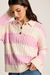 Pink Stripe Cable Knit Collared Henley Sweater Sweaters JT's Designer Fashion