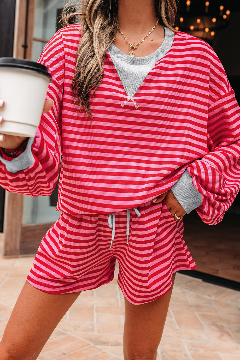 Red Stripe Drop Shoulder Baggy Pullover and Shorts Casual Set Short Sets JT's Designer Fashion