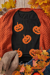 Black Glittering Pumpkin Face Graphic Crewneck Halloween T Shirt Graphic Tees JT's Designer Fashion