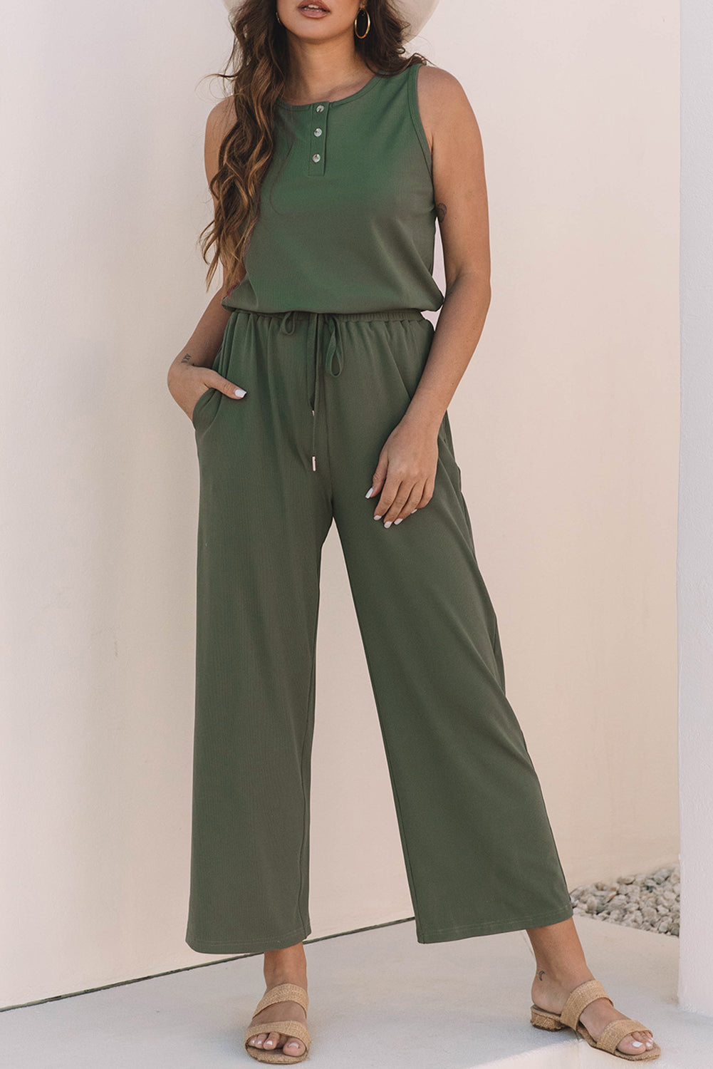 Vineyard Green Buttoned Drawstring Waist Sleeveless Wide Leg Jumpsuit Jumpsuits & Rompers JT's Designer Fashion