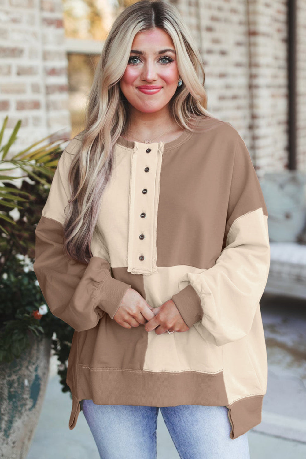 Parchment Colorblock Henley High Low Oversize Sweatshirt Sweatshirts & Hoodies JT's Designer Fashion