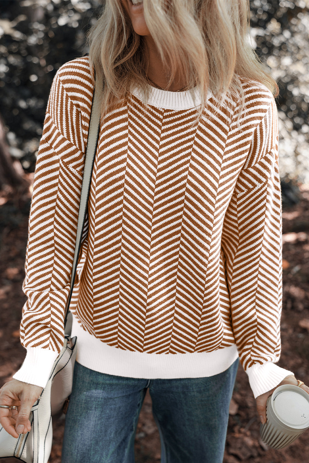 Coffee Contrast Edge Crew Neck Drop Shoulder Sweater Sweaters JT's Designer Fashion
