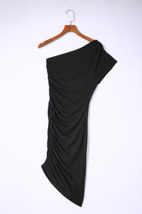 Black One-shoulder Short Sleeve Ruched Bodycon Dress Bodycon Dresses JT's Designer Fashion