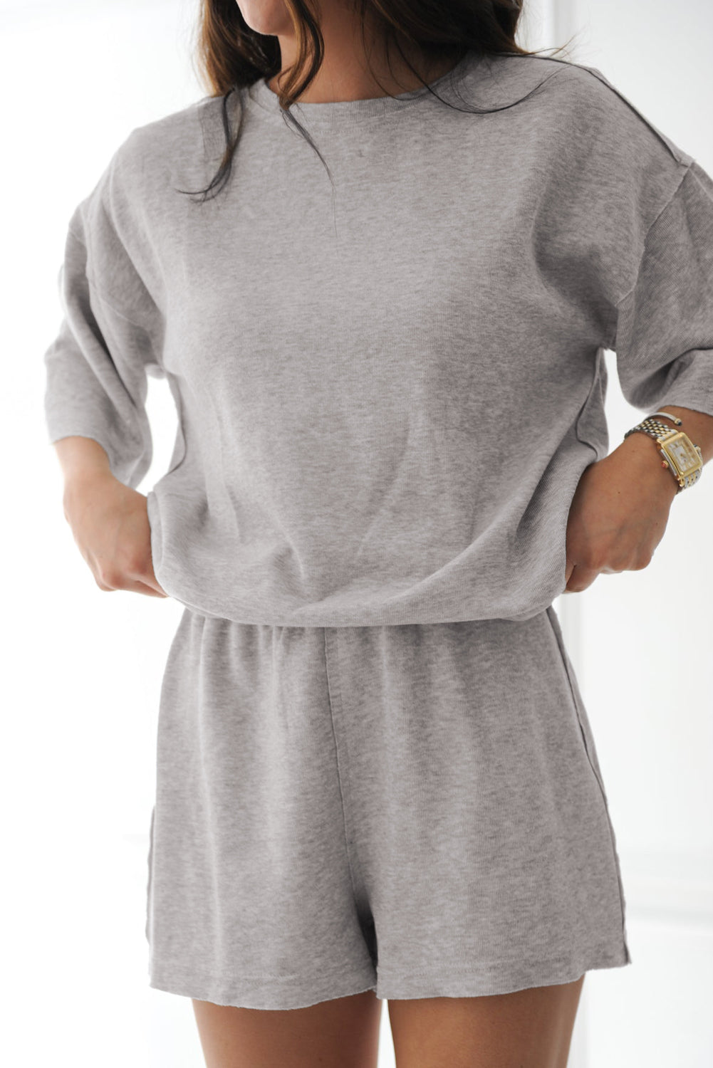 Gray Solid Color Loose Tee 2 Piece Shorts Set Short Sets JT's Designer Fashion
