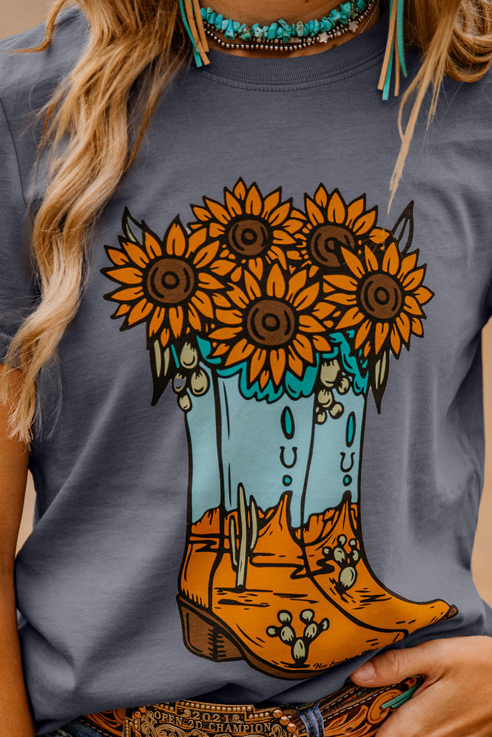 Gray Sunflower Cowgirl Boots Print Western Fashion T Shirt Graphic Tees JT's Designer Fashion