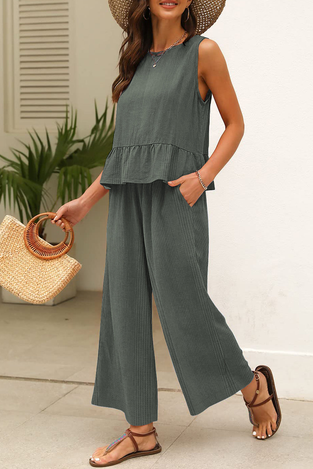 Duffel Green Solid Color Ribbed Ruffle Tank Top and Pants Set Pant Sets JT's Designer Fashion