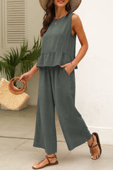 Duffel Green Solid Color Ribbed Ruffle Tank Top and Pants Set Pant Sets JT's Designer Fashion
