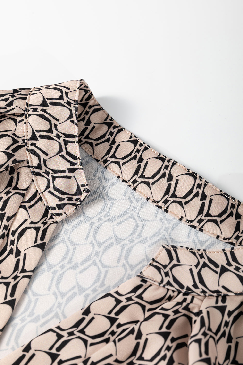 Khaki Geometric Print Notched Neck Puff Sleeve Blouse Blouses & Shirts JT's Designer Fashion