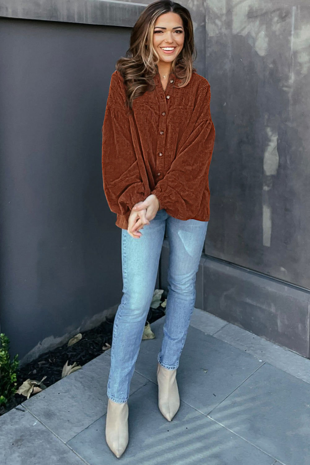 Coffee Textured Corduroy Puff Sleeve Shacket Jackets JT's Designer Fashion