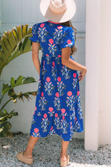 Sky Blue Floral Puff Short Sleeve V Neck High Waist Maxi Dress Floral Dresses JT's Designer Fashion