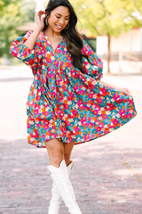 Sky Blue Floral Print Tie Split Neck Bubble Sleeve Babydoll Dress Floral Dresses JT's Designer Fashion