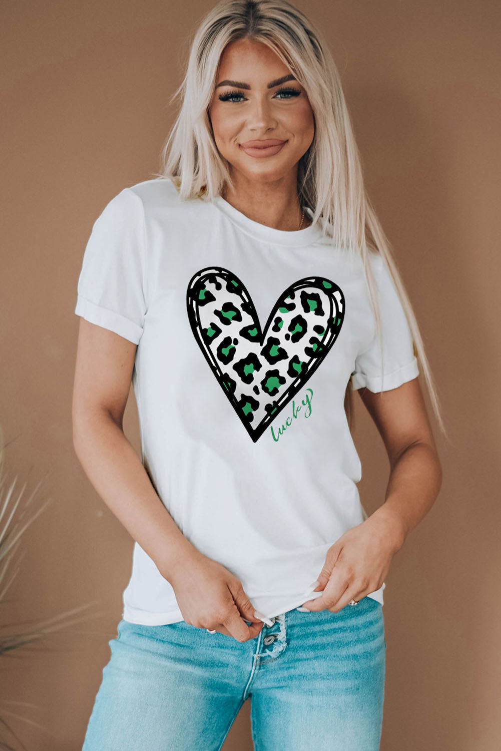 White Lucky Leopard Heart Print St Patricks Day T Shirt Graphic Tees JT's Designer Fashion