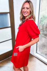 Fiery Red Sequin American Flag Patched Polo Collar Textured T Shirt Dress Graphic Dresses JT's Designer Fashion