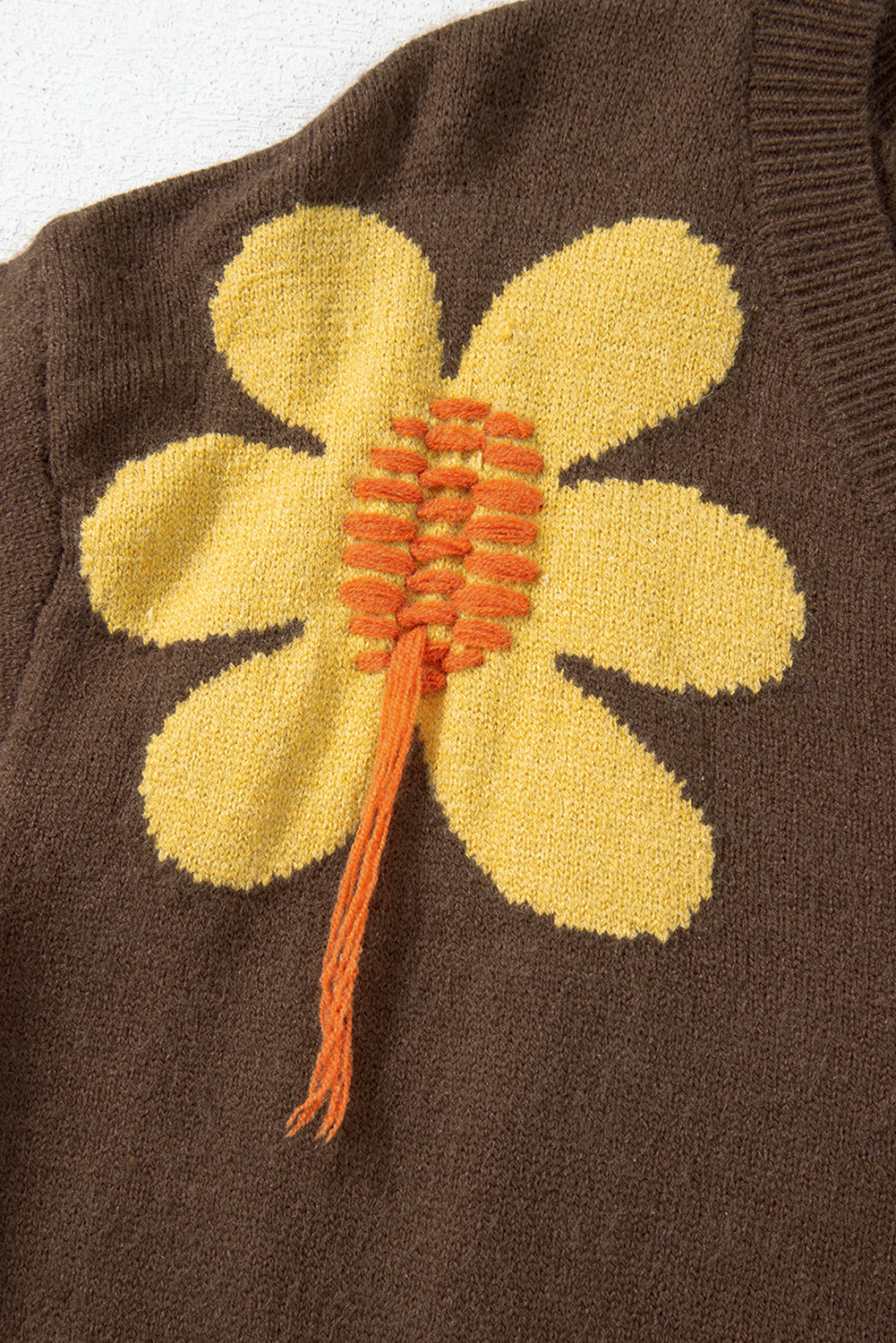 Coffee Big Flower Pattern V Neck Drop Shoulder Sweater Sweaters JT's Designer Fashion