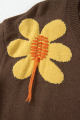 Coffee Big Flower Pattern V Neck Drop Shoulder Sweater Sweaters JT's Designer Fashion