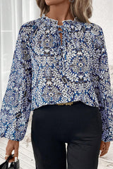 Blue Tribal Print Lace-up Frilled Neck Puff Sleeve Blouse Blouses & Shirts JT's Designer Fashion