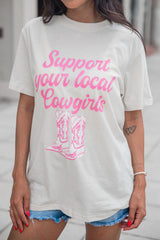 White Support Your Local Cowgirls Boots Print Crewneck Tee Graphic Tees JT's Designer Fashion