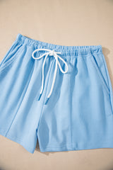 Myosotis V Neck Drop Shoulder Tee and Patchwork Drawstring Elastic Waistband Shorts Set Short Sets JT's Designer Fashion