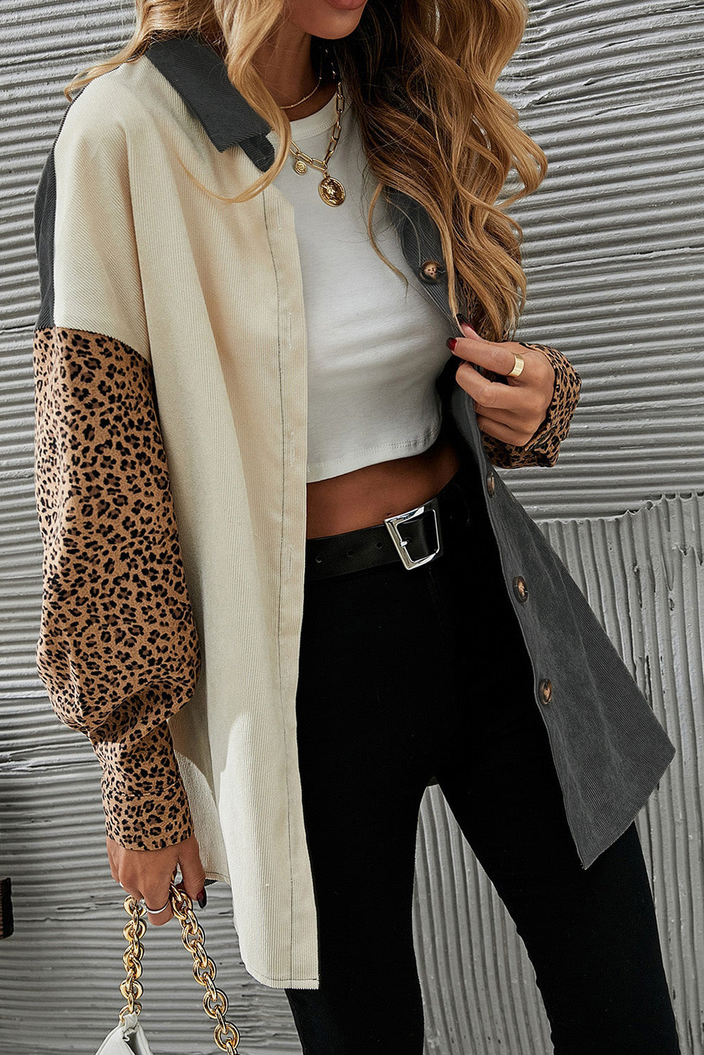 Gray Color Block Leopard Patched Corduroy Shacket Jackets JT's Designer Fashion
