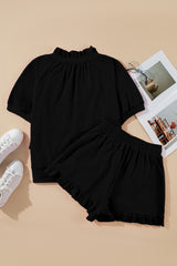 Black Half Zip Puff Sleeve Top and Ruffled Shorts Set Short Sets JT's Designer Fashion