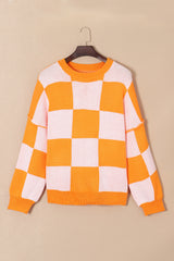 Orange Checkered Bishop Sleeve Sweater Sweaters & Cardigans JT's Designer Fashion