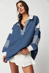 Sail Blue Striped Colorblock Patchwork Collar Sweatshirt Sweatshirts & Hoodies JT's Designer Fashion