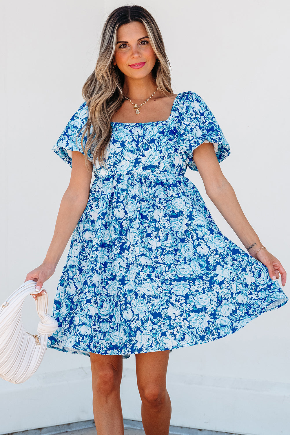Blue Floral Puff Sleeve Babydoll Mini Dress Floral Dresses JT's Designer Fashion